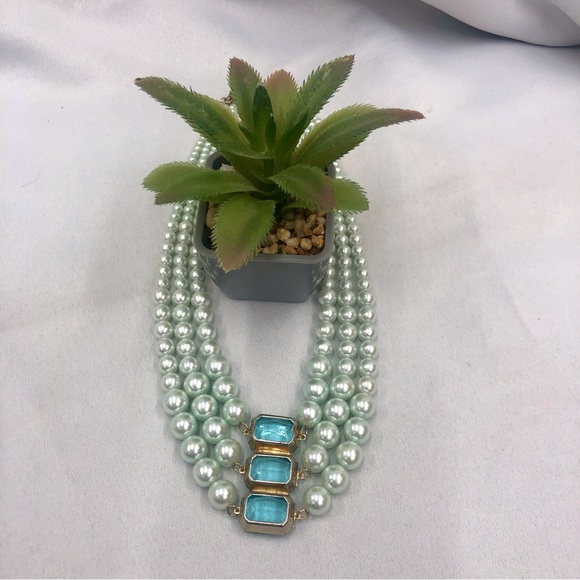 Vintage Faux Pearl Blue Glass 3 Strand Necklace - Picture 4 of 16